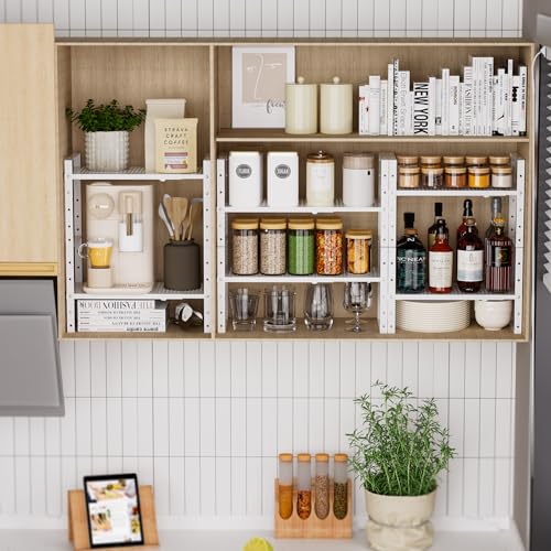 Expandable Shoe Rack Stackable Metal Pantry Storage Shelves Stand Adjustable Height Cabinet Shelf Organizer Racks Spice Shelving (White / 1PACK/WHITE/LARGE)