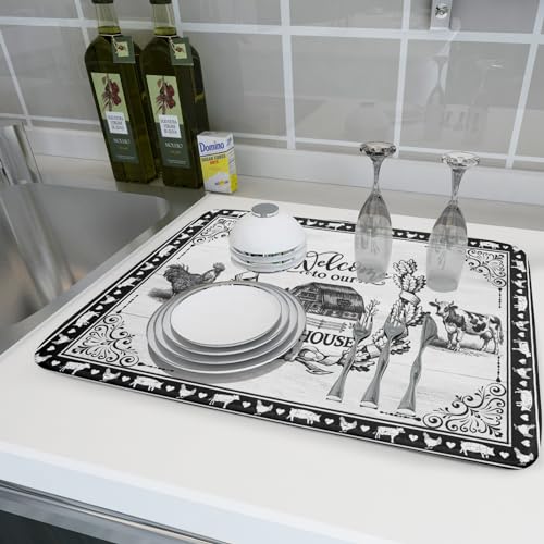 Farm Animal Dish Drying Mat 18x24 Inch Welcome to Our Farmhouse Microfiber Dish Drainer Pads Absorbent Fast Dry Kitchen Accessories (farm animal / 18" x 24")