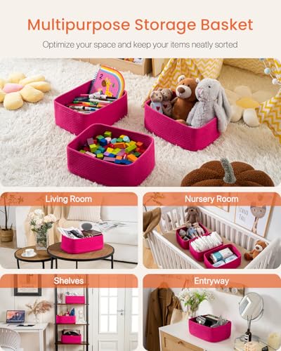 Small Woven Storage Basket for Organizing (Hot Pink / 13.5"L x 9.5"W x 5"H)