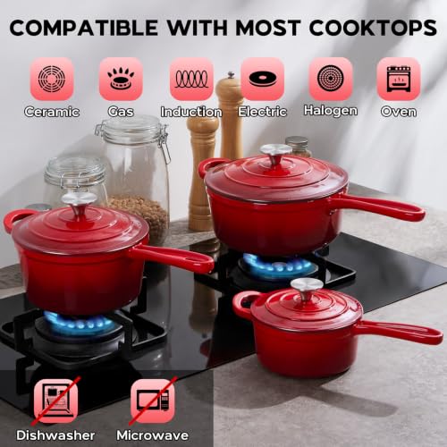 Cast Iron Sauce Pan Pot (Red / 1+2+3 Quarts)