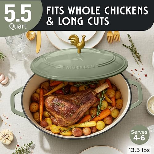 MUELLER HOME 5.5 Quart Enameled Cast Iron Oval Dutch Oven w Rooster Knob & Cotton Potholders (5.5 Quart -Oval / Thyme Green)