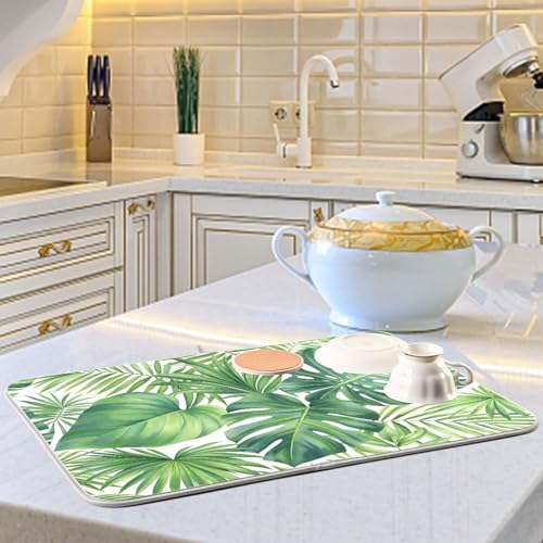 Green Monstera Palm Leaves Dish Drying Mat for Kitchen Counter Absorbent Microfiber Drying Pad (16" x 18")
