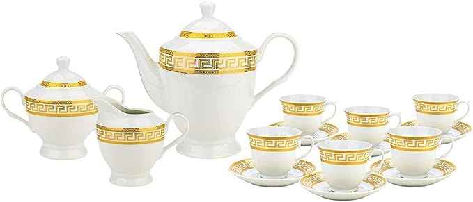 HOMEHUT 97-Piece Gold Dinnerware Set with 18/10 Premium Stainless Steel Silverware Flatware - Greek Key Gold HQ Fine China Tableware Service for 8 People