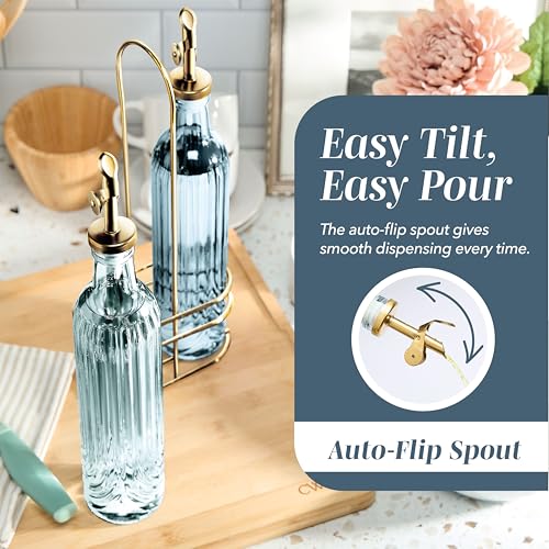 Glass Olive Oil Bottle Dispenser (Elegant Fluted / Blue)