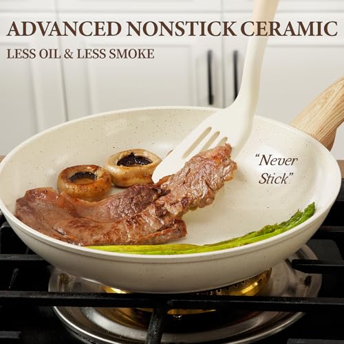 26Pcs Pots and Pans Nonstick Ceramic Cookware Set Nontoxic Kitchen Cooking Set with Steamers Utensils Induction Compatible (Cream White)