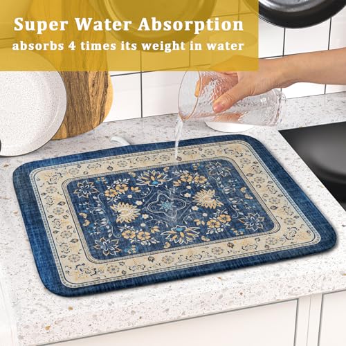 Blue Boho Dish Drying Mat for Kitchen Counter 16x18 Inch Fast Dry Drying Pad Vintage Floral Dish Drainer Rack Mats Coffee Bar Accessories (Blue Boho / 16" x 18")