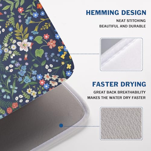 Flower Floral Dish Drying Mat 18x24 inch Microfiber Navy Blue Drying Mats with Hanging Loop Absorbent Green Leaves Dish Drainer Mat Reversible Flowers Drying Pad for Kitchen Counter Sink (Colored Flower / 24" x 18")