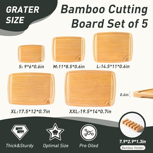 Bamboo Cutting Board Set Non Slip Feet with Holder Over Sink Wooden Cutting Boards Eating Grilling Biard Cutboard Biard Chtting Woodcutting Cuttingboards Voard Oard Bord 12x18 11 x 14 Baords Baord (5 Pack with Holder / Two-Tone Bamboo)