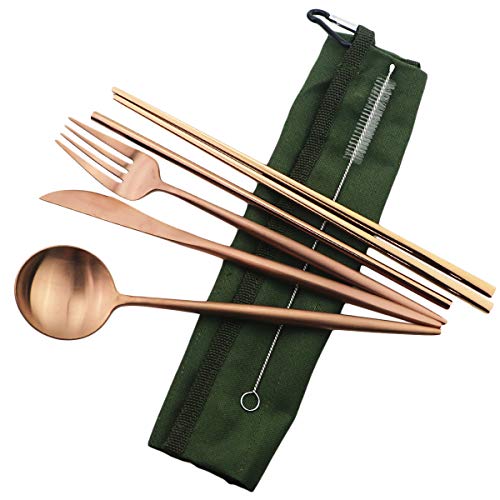 Reusable Travel Utensils (Green Pouch / Rose Gold)