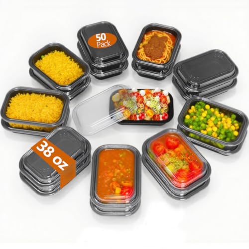 50 Pack (100-Piece) - 38oz Meal Prep Containers Salad & Snack Storage for Lunch | BPA Free & Leakproof Food Containers | To Go Take Out Plastic Bento Box | Microwave, Freezer, Dishwasher Safe (38 oz)