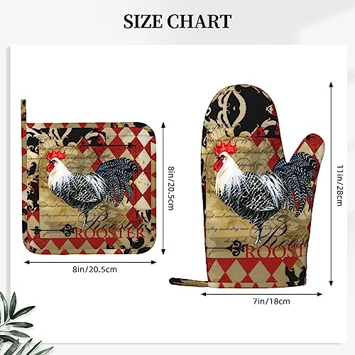 Rooster Print Oven Mitts and Pot Holders Sets Silicone Rooster Kitchen Mitts Potholders Heat Resistant 4Pcs Oven Gloves Hot Pads for Kitchen Baking Cooking BBQ Grilling (Rooster)