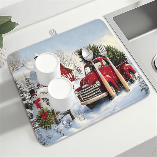 Red Truck Dish Drying Mat Winter Xmas Tree Drainer Rack Pad 16"x18" Microfiber Absorbent Quick Dry Dish Sink Mat for Table Kitchen Counter (Red Truck Snowman / 16x18 inch)
