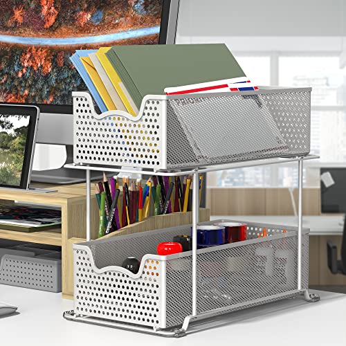 2 Tier Sliding Cabinet Basket Organizer Drawer (White / 1-Pack)