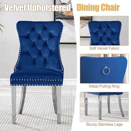 7 Piece Glass Dining Table Set for 6 (White Table & Silver Blue Chair / 7-Piece Set-OC-Shaped Table)