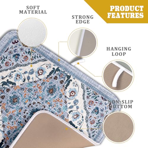 Boho Flower Dish Drying Mat Blue Bohemian Dishes Drainer Rack Mat 16x18 Inch Microfiber Kitchen Drying Pad for Countertop Tableware Decor (Blue Bohemian / 16" x 18")