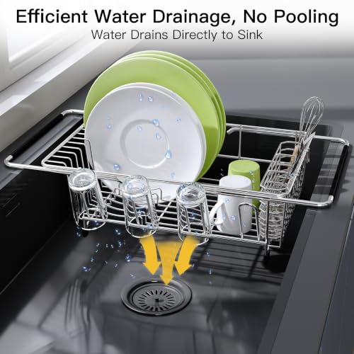 Stainless Steel Dish Drying Rack in Sink with Metal Utensil Holder (Silver / For 12"-30"w Sink, with Metal Utensil Holder)
