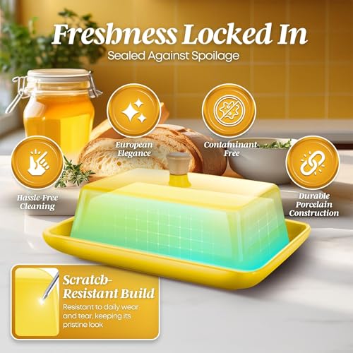 Large Ceramic Butter Dish with Lid for Countertop (Yellow / Large)