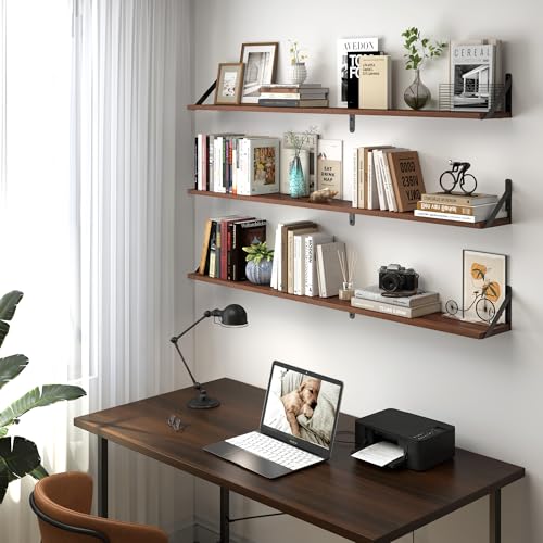 48 Inch Large Wall Bookshelves Set of 3 (Walnut / 47.24"W x 5.9"D x 5.4"H,Set of 3)
