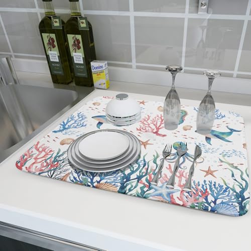 Coastal Ocean Dish Drying Mat Seahorse Whales Drainer Rack Mats 18"x24" Absorbent Microfiber Dish Drying Pad Protector for Kitchen Counter (Coral Ocean / 24" x 24")