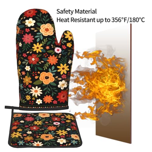 Boho Floral Oven Mitts and Pot Holder Set of 2 Colorful Flower Heat Resistant Hot Pads Non Slip Washable for Kitchen Cooking Grilling BBQ (Black Floral)