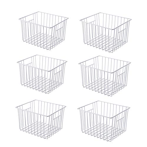 11'' Farmhouse Freezer Food Storage Organizer Baskets Modern Refrigerator Metal Wire Basket Bin with Built (White-6pack / 11''L X 10''W X 7''H)