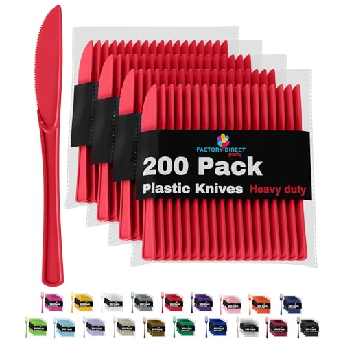 Red Plastic Knives 200 Pieces Red Knives Disposable Utensils Heavy Duty Plastic Cutlery Set Disposable Cutlery Sets Flatware Sets Silverware Set Party Supplies & Party Tableware (Red / Knives)