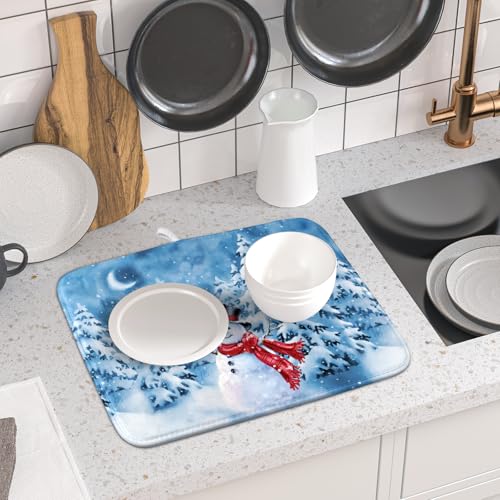 Blue Snowman Dish Drying Mat Winter Pine Tree Drainer Rack Mats 16x18 Inch Absorbent Fast Dry Dish Pad Protector Kitchen Counter Accessories (Winter Blue Snowman / 16" x 18")
