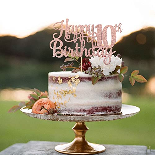 1 PCS Happy 10th Birthday Cake Topper Glitter Cheers to 10 Years Birthday Cake Pick 10 Fabulous Double Digits Cake Decoration for Happy 10th Birthday Theme Party Decorations Supplies Rose Gold (Rose Gold / 10th)