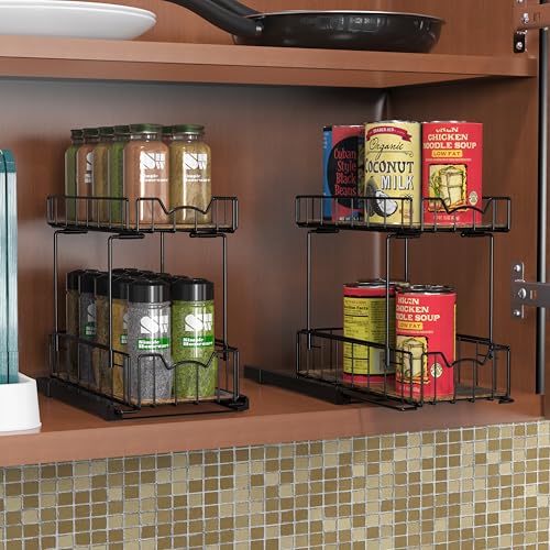 2 Tier Spice Rack Slide Out Wire Basket Drawer (Black)