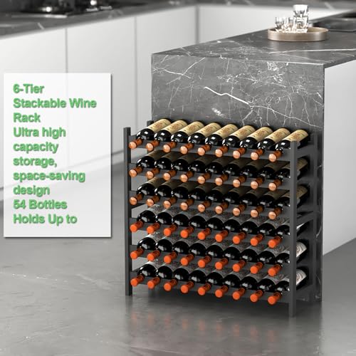 Wine Rack Freestanding Floor (Black Finish 6-tier Without Glass Holder)