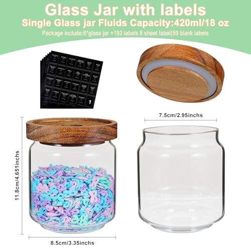 Small Glass Jars with Labels Spice Jar Round Storage Canister with Wooden Lid Clear Glass Food Jar for Pantry Sugar Tea Coffee Bean Spice Nuts Cookies Bath Salts (6*420ml(14oz))