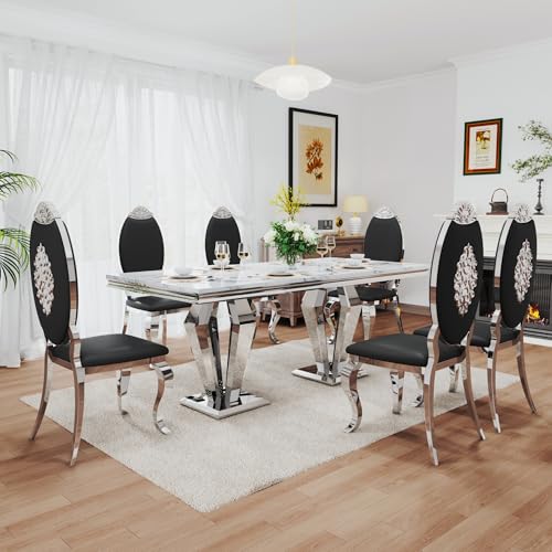 7 Piece Luxury Dining Room Set (Silver White + Black / Dining Table + 6 Carved Chair)