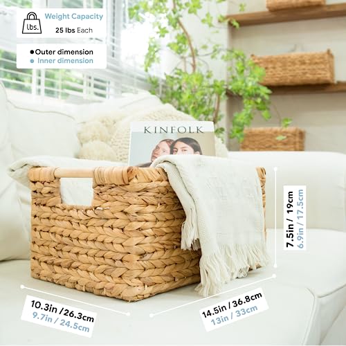Large Wicker Basket Rectangular with Wooden Handles for Shelves (Water Hyacinth / 3-Pack Large (14.5"L x 10.3"W x 7.5"H))