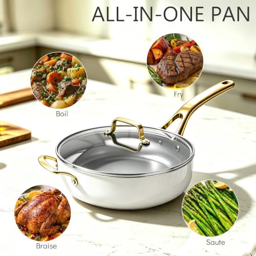 10-in-1 White Ceramic Nonstick Deep Saute Pan Set With Steamer & Lid, 4QT (White)