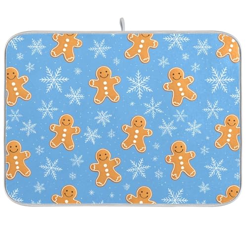 Snowflake Gingerbread Cookie Blue Dish Drying Mat for Kitchen Counter Absorbent Microfiber Drying Pad (16" x 16")