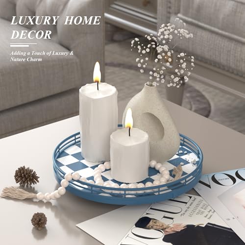 Blue and White Checkerboard Lazy Susan with Rubberwood Base and Metal Rail (Blue & White / 10 inches)