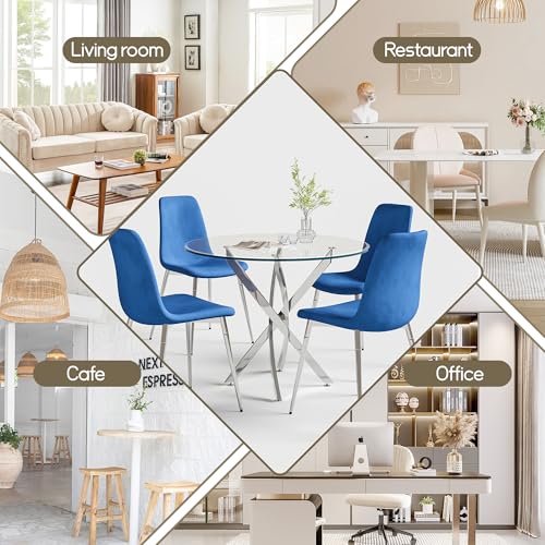 36" Round Glass Dining Table Set for 4 (Silver Round Table/Blue Velvet Chairs / 5 Pieces)