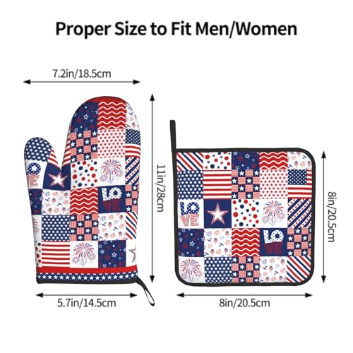 4th of July Patriotic Oven Mitts and Pot Holder Set of 2 Independence Day Heat Resistant Kitchen Gloves Hot Pads for Cooking Grilling BBQ (Patriotic Flag)
