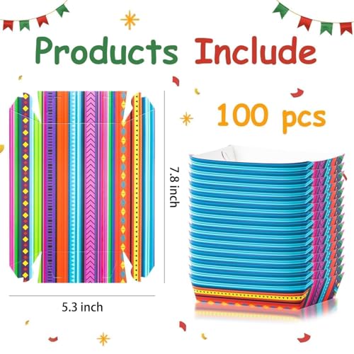 Mexican Taco Nights Food Trays 100Pcs Mexican Nacho Popcorn Unassembled Trays Snack Candy Holder Disposable Paper Plates Holiaday Carnival Party Supplies Concession Stand Food Containers (Mexican Blue)