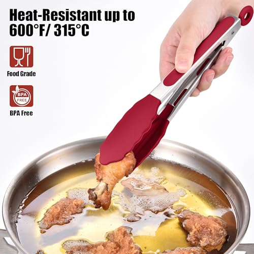 Kitchen Tongs with Silicone Tips for Cooking Serving (9in / Red)