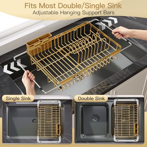 Gold Dish Drying Rack Over the Sink with Utensil Holder (Gold / For 12.5"-30"w Sink, Expandable)