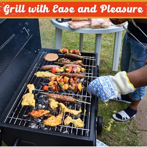 Grill Gloves Heat Proof for Men Grilling BBQ Heat Resistant Gloves (White & Blue / Mid Cuff - Small Palm)
