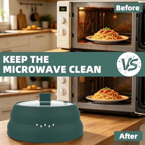 Tall Microwave Splatter Cover Glass Cover Guard Lid 5.8 inch Height with Collapsible Silicone for Food Pot Plate 10.5 inch Dark Green (Taller style Dark Green / 10.8 inch)