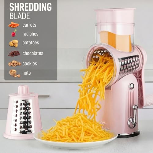 Rotary Cheese Grater Manual Hand Crank 5 Blade Shredder (5 Blades / Classic | Pink)