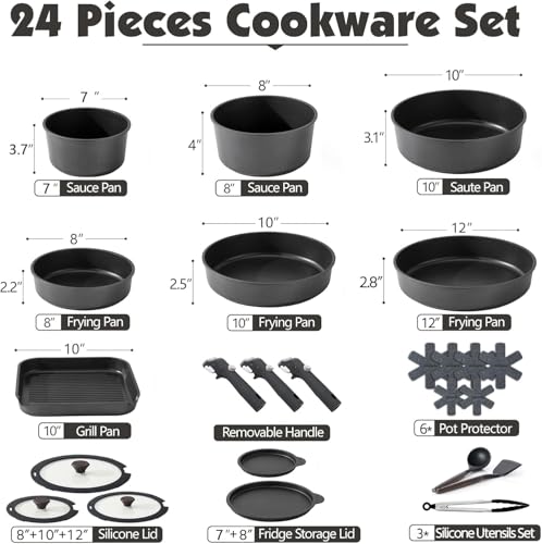24 Piece Nonstick Detachable Handle Pots and Pans Set Black (Black / 24 Piece)