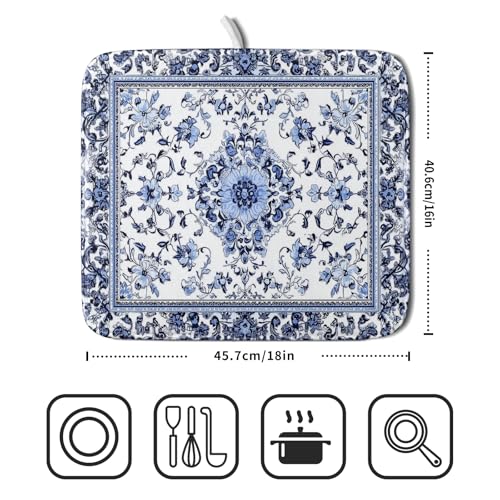 Boho Floral Dish Drying Mat 16x18 Inch Blue Leaves Kitchen Drying Pad Reversible Absorbent Dish Drainer Rack Mats Counter Tableware Decor (Blue Boho Floral / 16" x 18")