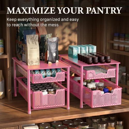 Stackable 2 Tier Sliding Basket Organizer Drawer (2-Tier / Pink)