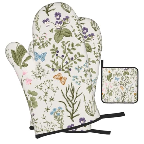 Vintage Floral Oven Mitts and Pot Holders Sets of 3 Cute Botanic (Vintage Floral)