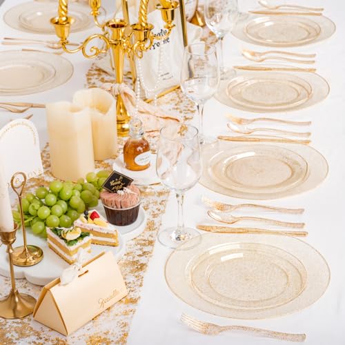 200 Pcs Gold Glitter Plastic Plates (Gold Glitter / 200 Pcs)