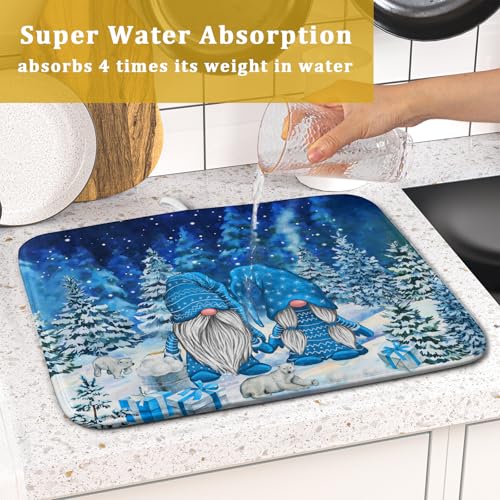 Winter Blue Gnome Dish Drying Mat for Kitchen Counter Pine Tree Microfiber Dish Pad Absorbent Reversible Fast Dry Draining Mats 16x18 Inch (Blue Winter Gnome / 16" x 18")